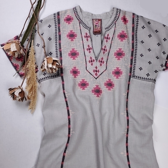 Johnny Was Gray Linen Pink Embroidered Tunic Dress Sz S - Picture 12 of 16